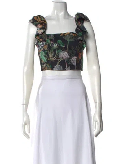 Pre-owned Cara Cara Floral Print Square Neckline Crop Top In Green