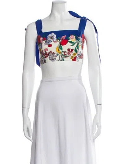 Pre-owned Cara Cara Floral Print Square Neckline Crop Top In White