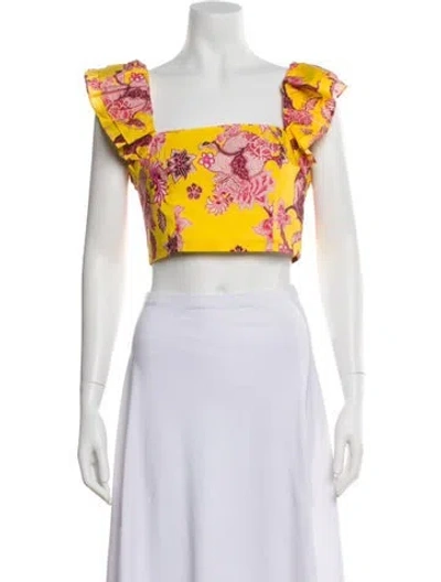 Pre-owned Cara Cara Floral Print Square Neckline Crop Top In Yellow