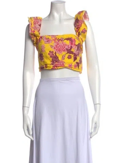 Pre-owned Cara Cara Floral Print Square Neckline Crop Top In Yellow