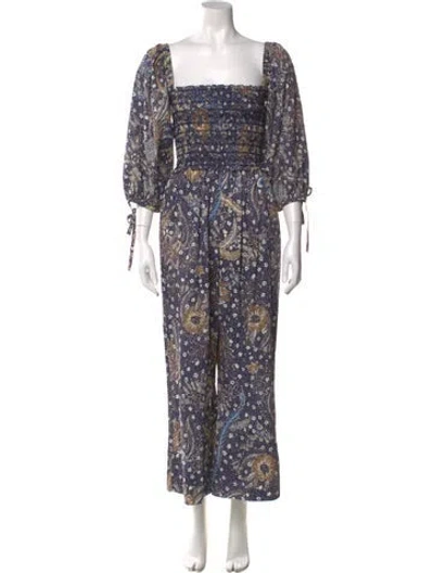 Pre-owned Cara Cara Floral Print Square Neckline Jumpsuit In Blue