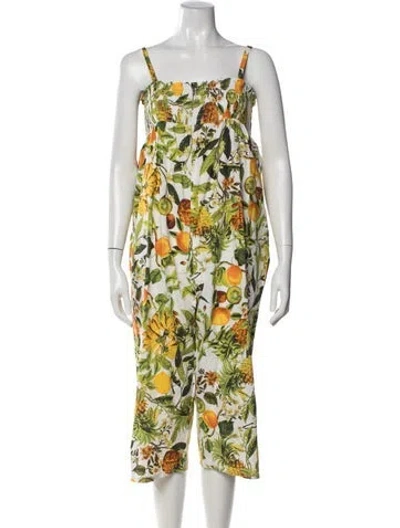 Pre-owned Cara Cara Floral Print Square Neckline Jumpsuit In White