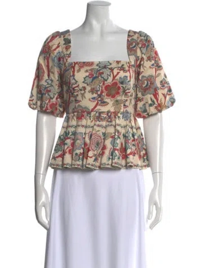 Pre-owned Cara Cara Floral Print Square Neckline Top In White
