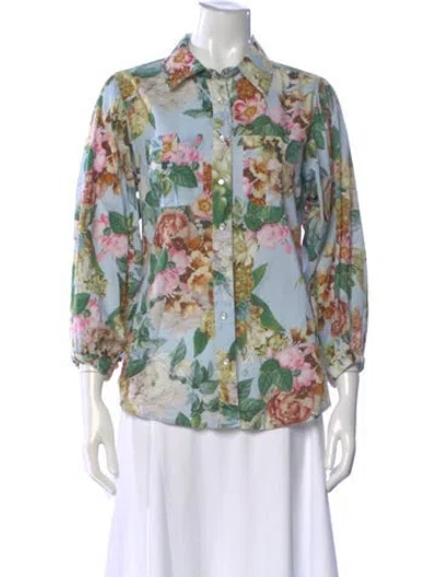 Pre-owned Cara Cara Floral Print Three-quarter Sleeve Blouse In Blue