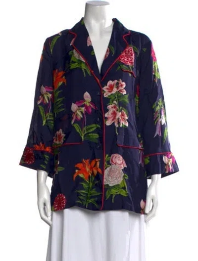 Pre-owned Cara Cara Floral Print Three-quarter Sleeve Blouse In Blue