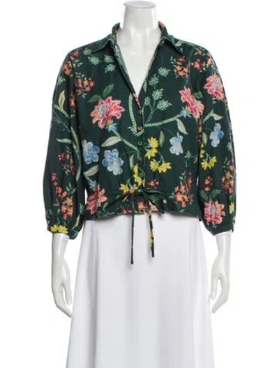 Pre-owned Cara Cara Floral Print Three-quarter Sleeve Blouse In Green