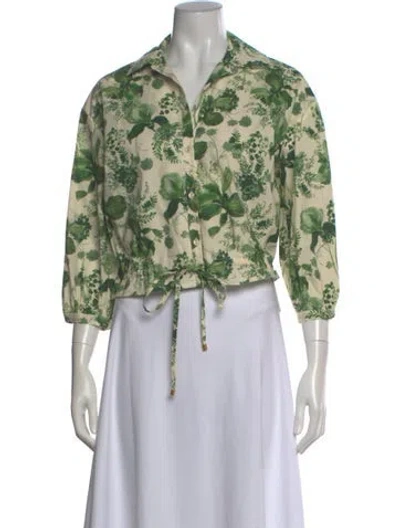 Pre-owned Cara Cara Floral Print Three-quarter Sleeve Blouse In Green