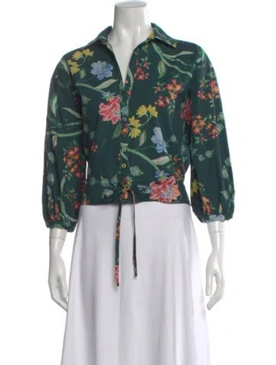 Pre-owned Cara Cara Floral Print Three-quarter Sleeve Blouse In Green