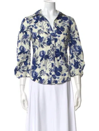 Pre-owned Cara Cara Floral Print Three-quarter Sleeve Button-up Top In Blue