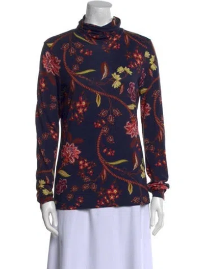 Pre-owned Cara Cara Floral Print Turtleneck Blouse In Blue