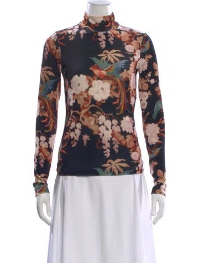 Pre-owned Cara Cara Floral Print Turtleneck Top In Blue