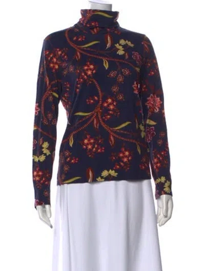 Pre-owned Cara Cara Floral Print Turtleneck Top In Blue