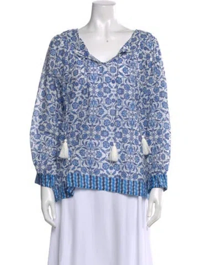 Pre-owned Cara Cara Floral Print V-neck Blouse In Blue