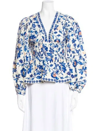 Pre-owned Cara Cara Floral Print V-neck Blouse In Blue