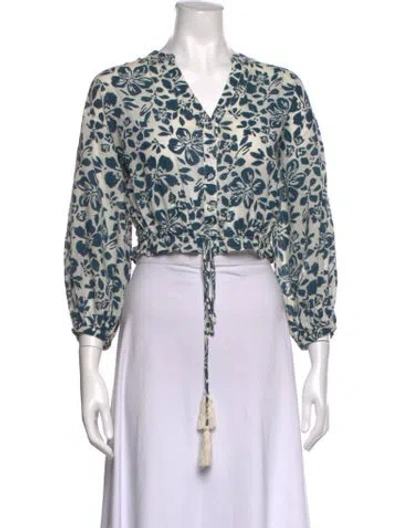 Pre-owned Cara Cara Floral Print V-neck Blouse In Blue