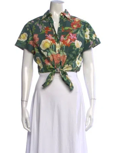 Pre-owned Cara Cara Floral Print V-neck Blouse In Blue/yellow