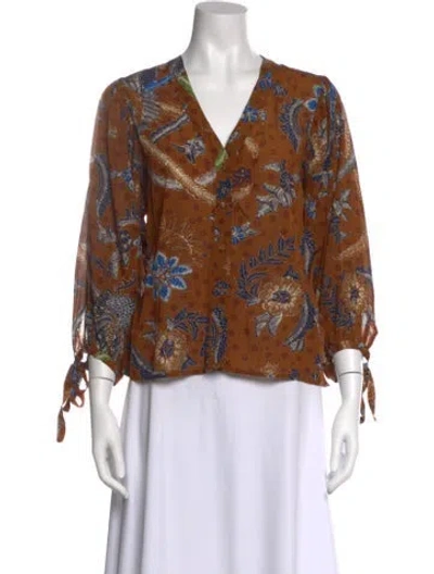 Pre-owned Cara Cara Floral Print V-neck Blouse In Brown