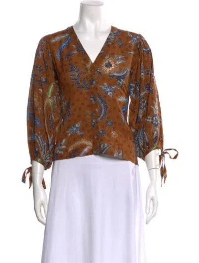 Pre-owned Cara Cara Floral Print V-neck Blouse In Brown