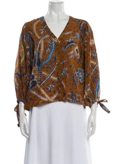 Pre-owned Cara Cara Floral Print V-neck Blouse In Brown