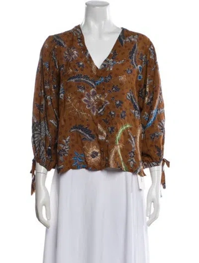 Pre-owned Cara Cara Floral Print V-neck Blouse In Brown