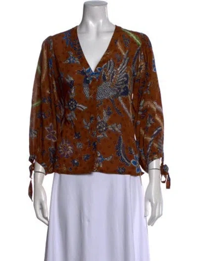 Pre-owned Cara Cara Floral Print V-neck Blouse In Brown