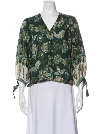Pre-owned Cara Cara Floral Print V-neck Blouse In Green