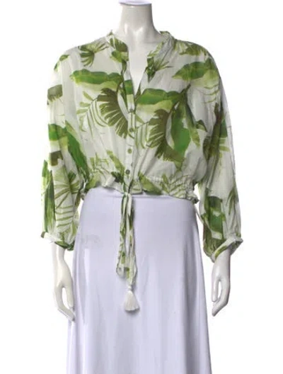 Pre-owned Cara Cara Floral Print V-neck Blouse In Green