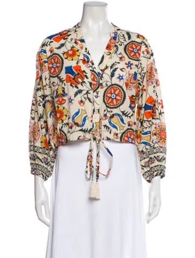 Pre-owned Cara Cara Floral Print V-neck Blouse In Neutral