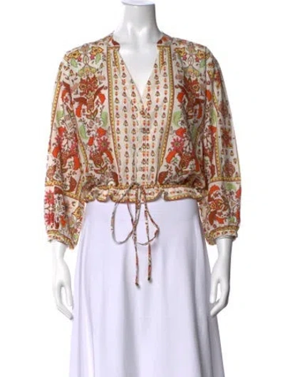 Pre-owned Cara Cara Floral Print V-neck Blouse In Neutrals