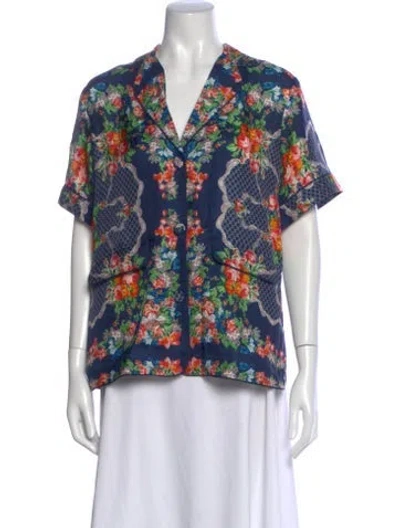 Pre-owned Cara Cara Floral Print V-neck Blouse W/ Tags In Blue