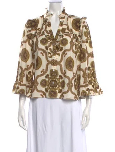 Pre-owned Cara Cara Floral Print V-neck Blouse W/ Tags In Gold