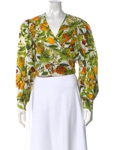 Pre-owned Cara Cara Floral Print V-neck Blouse W/ Tags In Green