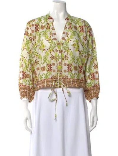 Pre-owned Cara Cara Floral Print V-neck Blouse W/ Tags In Green