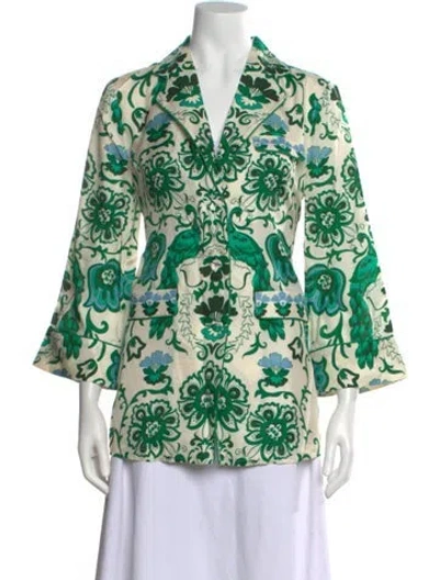 Pre-owned Cara Cara Floral Print V-neck Blouse W/ Tags In Green