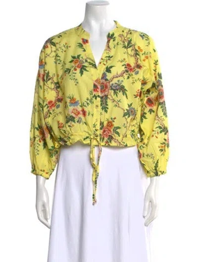 Pre-owned Cara Cara Floral Print V-neck Blouse W/ Tags In Yellow