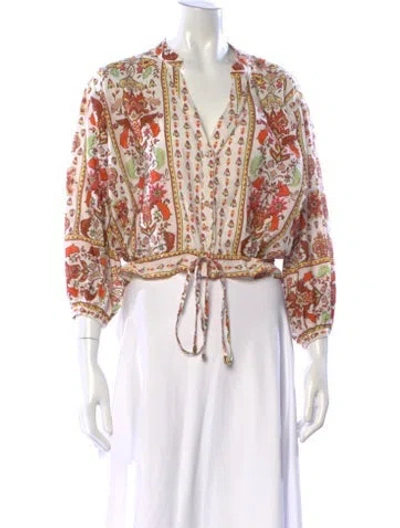 Pre-owned Cara Cara Floral Print V-neck Blouse In White