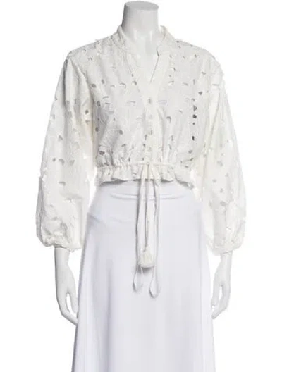 Pre-owned Cara Cara Floral Print V-neck Blouse In White