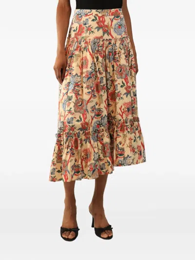 Pre-owned Cara Cara Floral-print Tiered Midi Skirt In Neutrals