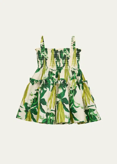 Cara Cara Kids' Girl's Goldie Tropical Smocked Dress In Sweet Pea Egret