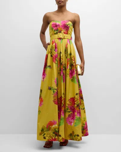 Cara Cara Greenfield Belted Floral Cotton Poplin Maxi Dress In Floral Cream Gold