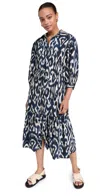 Cara Cara Hutton Puff-sleeve Midi Shirtdress In Ikat Navy