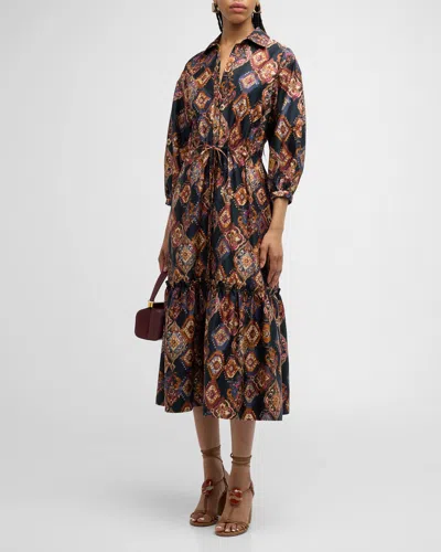 Cara Cara Hutton Puff-sleeve Midi Shirtdress In Blue Med Tile