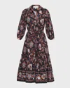 Cara Cara Hutton Puff-sleeve Midi Shirtdress In Marcel Black Coral