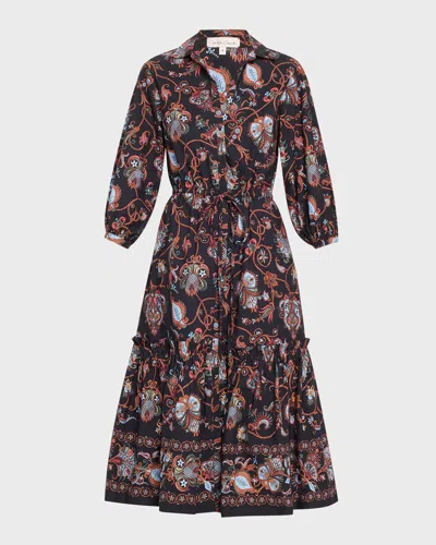 Cara Cara Hutton Puff-sleeve Midi Shirtdress In Marcel Black Coral