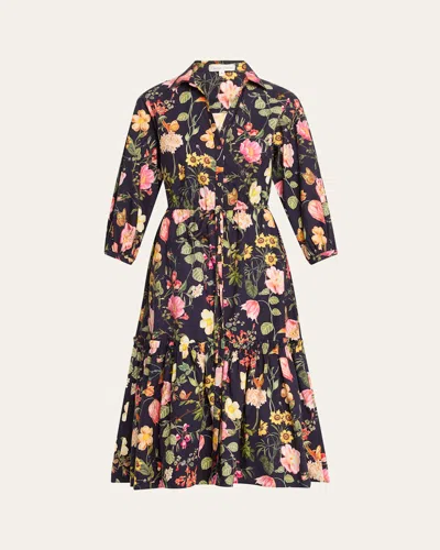 Cara Cara Hutton Puff-sleeve Midi Shirtdress In Stems Evening Blue
