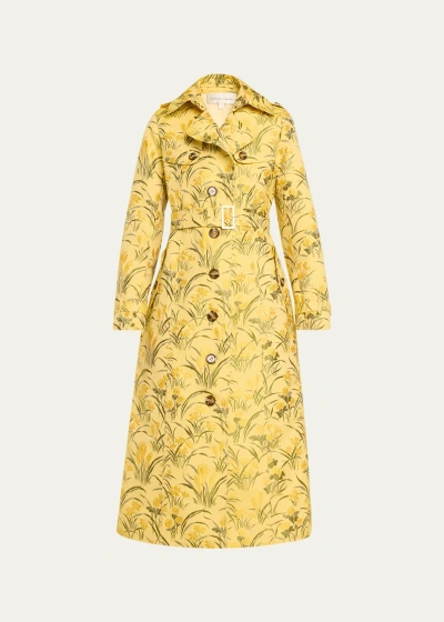 Cara Cara Karlie Floral Jacquard Belted Trench Coat In Lemon Zest Jacqua