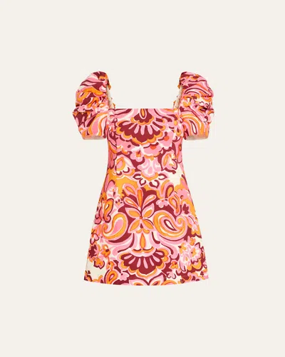 Cara Cara Kelly Blue Tile Print Puff-sleeve Dress In Multi