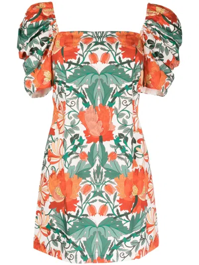 Cara Cara Kelly Floral-print Puff-sleeve Minidress In Orange
