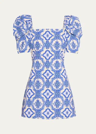 Cara Cara Kelly Fruit-print Puff-sleeve Dress In Belle Tile Blue