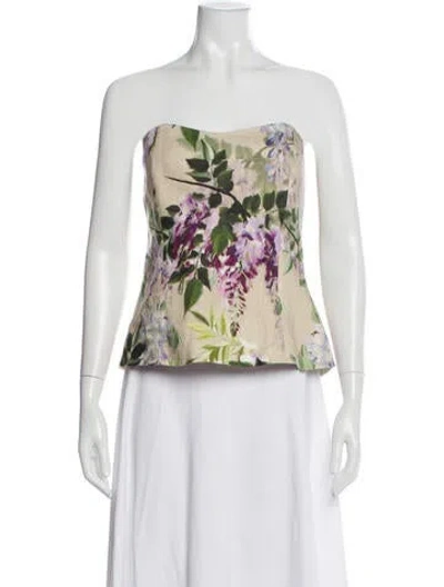 Pre-owned Cara Cara Linen Floral Print Blouse In Blue/white